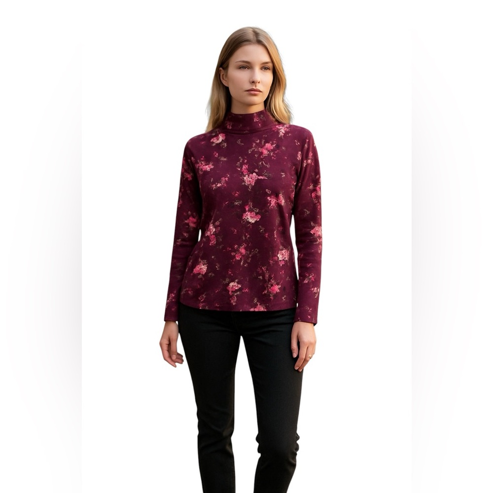 KAREN SCOTT PURPLE FLORAL MOCK TURTLENECK PULLOVER Size L